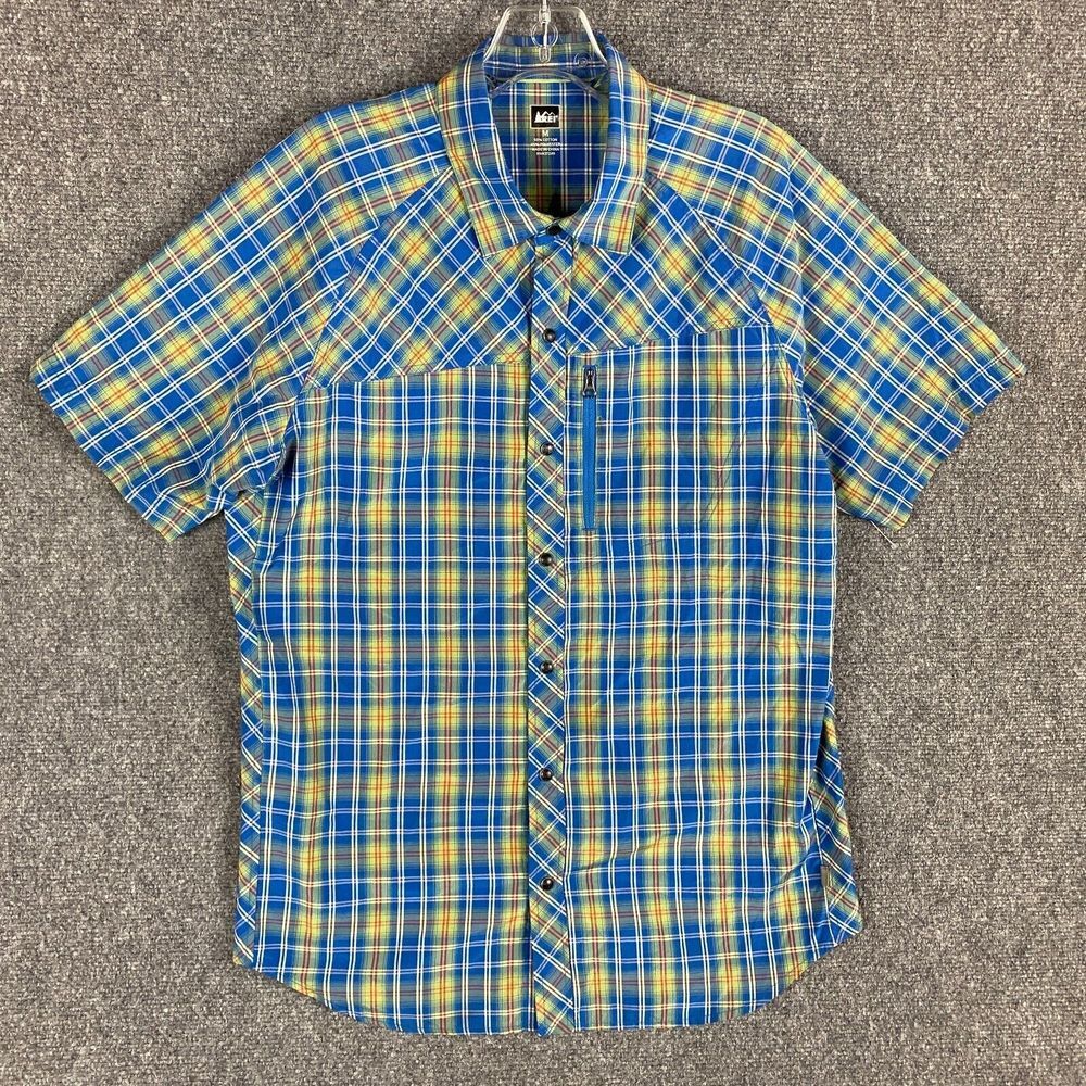 REI Shirt Men's Medium Snap Plaid Short Sleeve Cotton Blend Outdoor Hiking